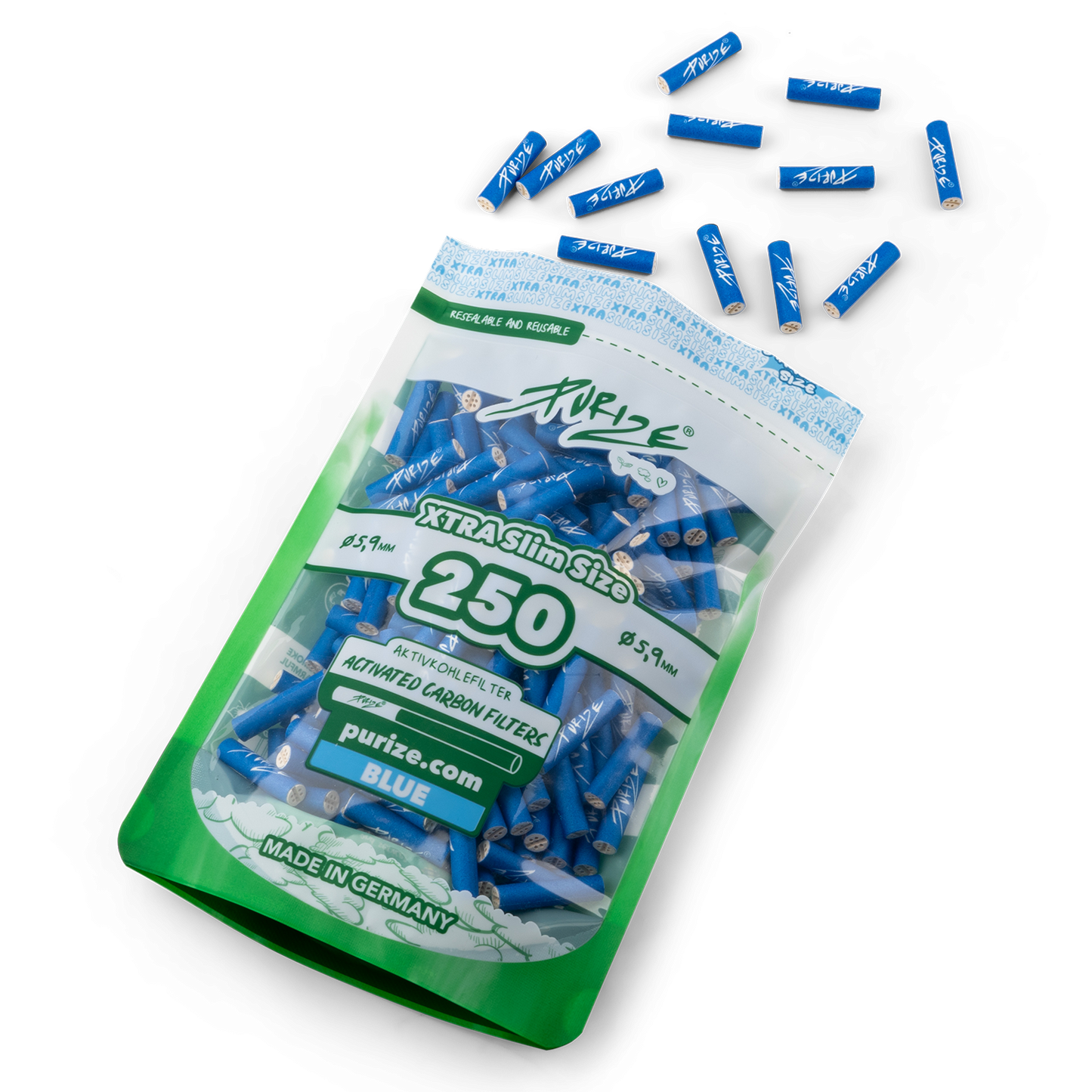 PURIZE Blue Xtra Slim 6mm Filters Pack of 250 Open Pack