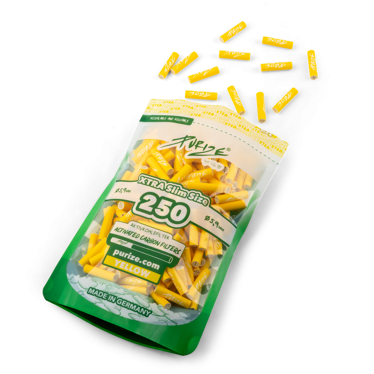 PURIZE Yellow Xtra Slim 6mm Filters Pack of 250 Open Pack