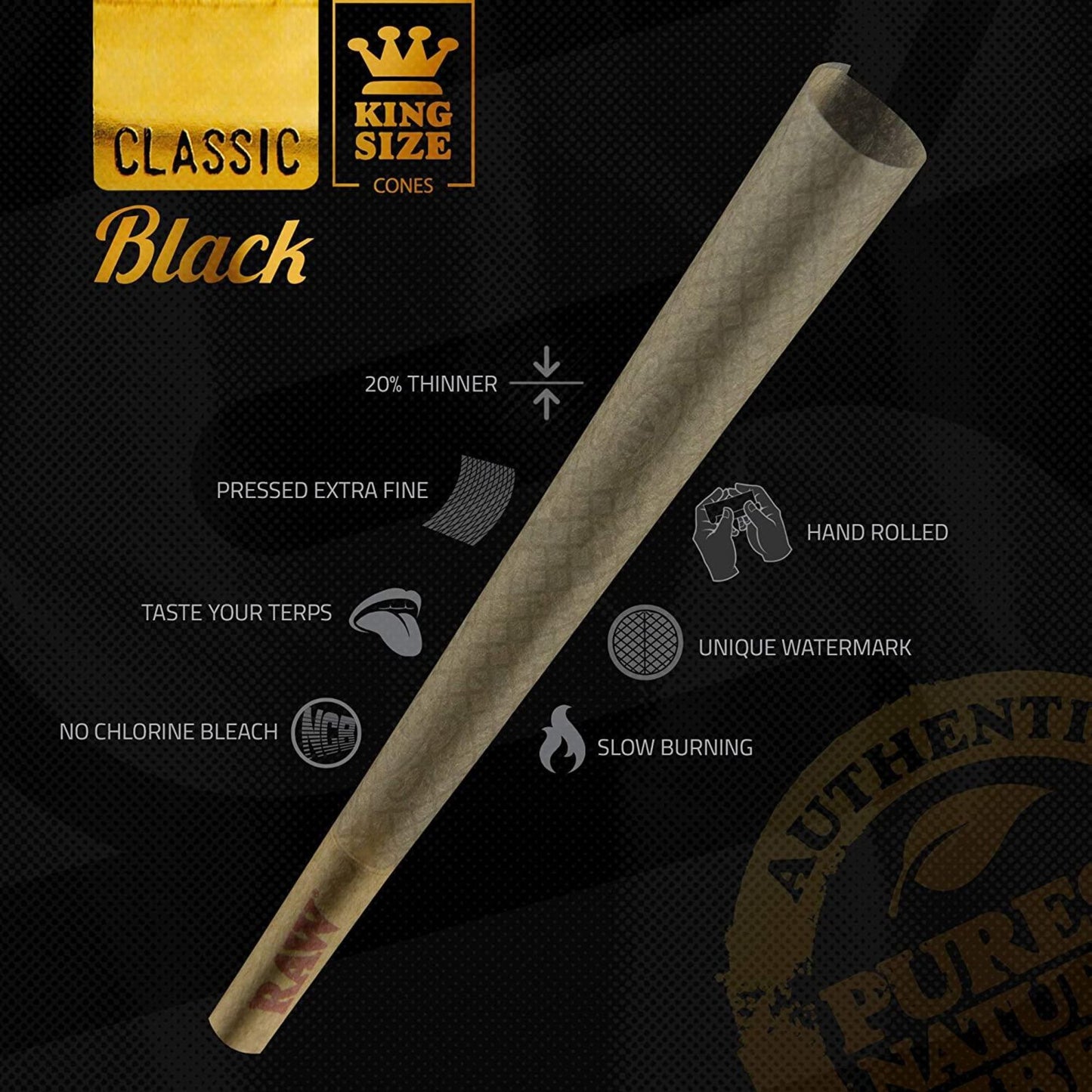 RAW Black 1 1/4 Size Pre-Rolled Cones - Pack of 6