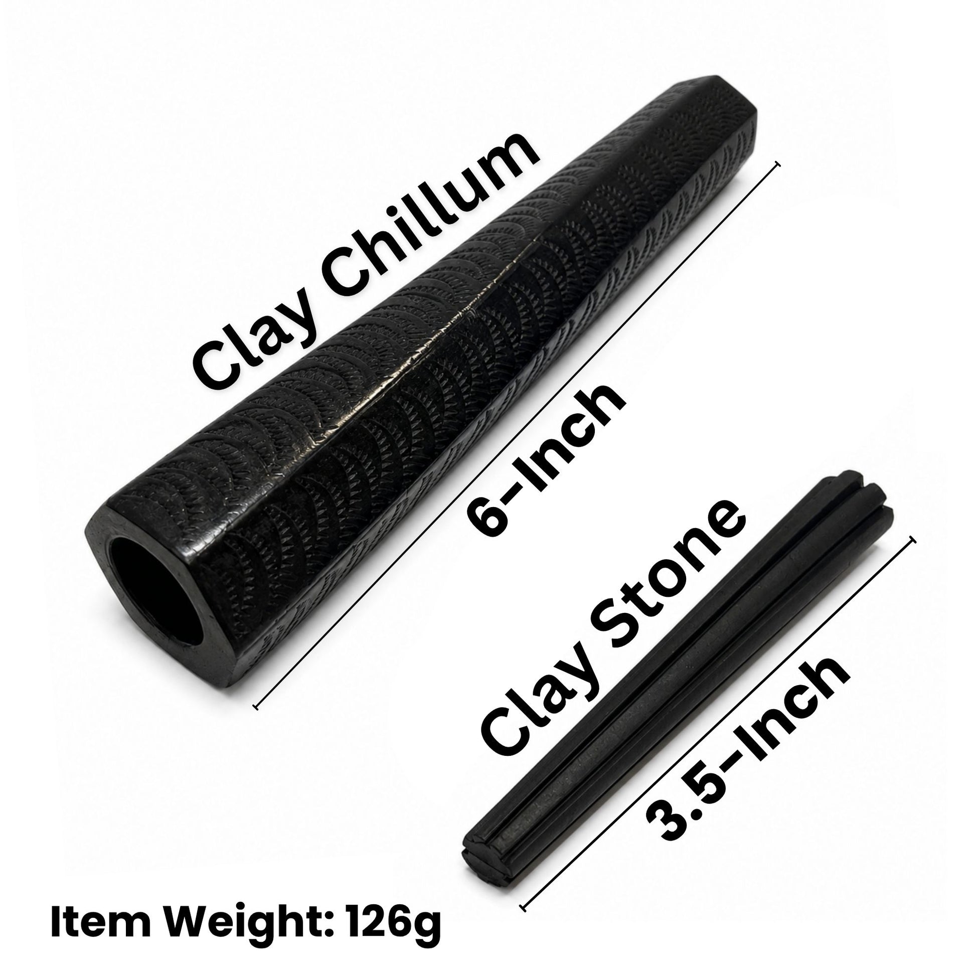 6 inch Black Clay Chillum With Stone