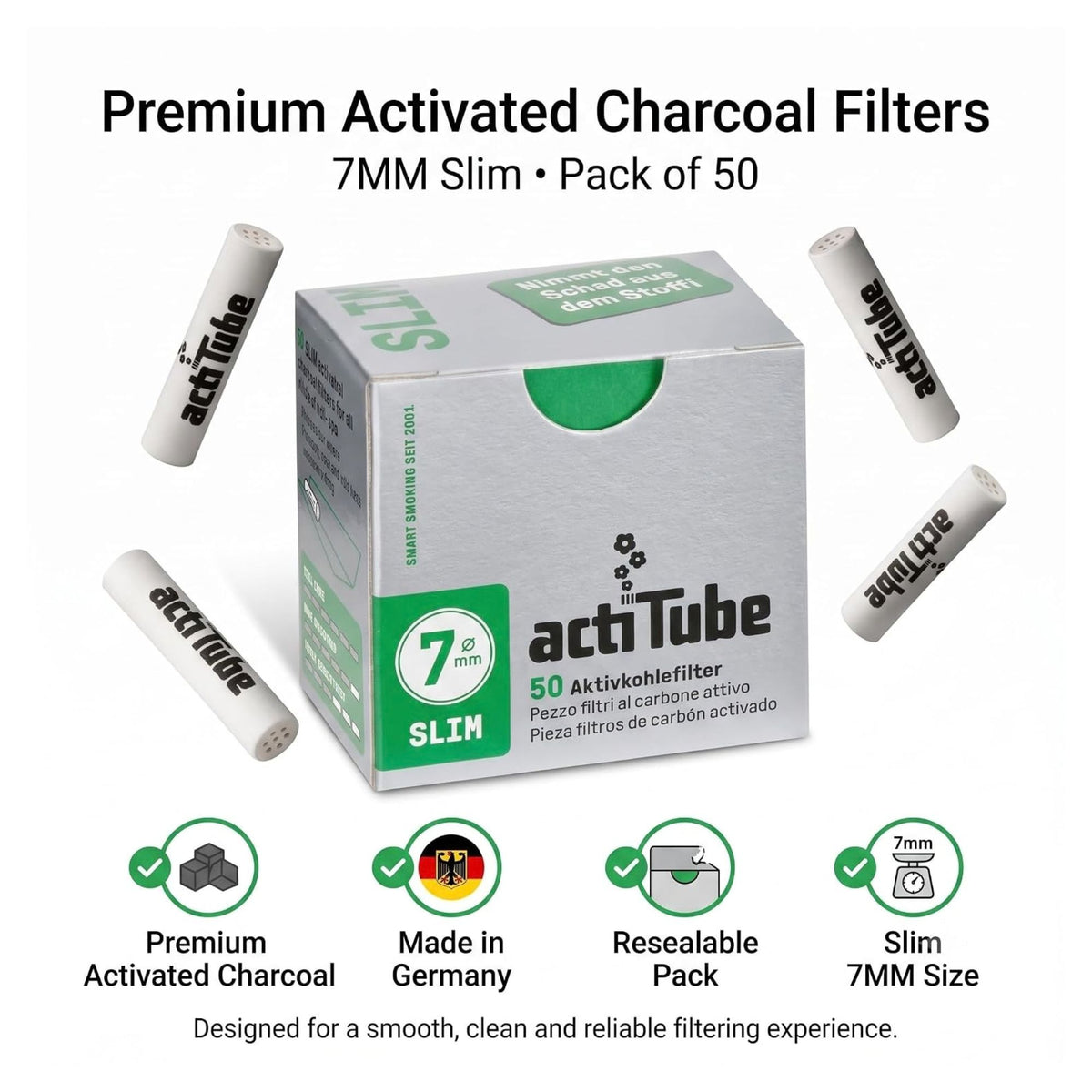 Actitube 7mm Slim Activated Charcoal Filters | Pack of 50
