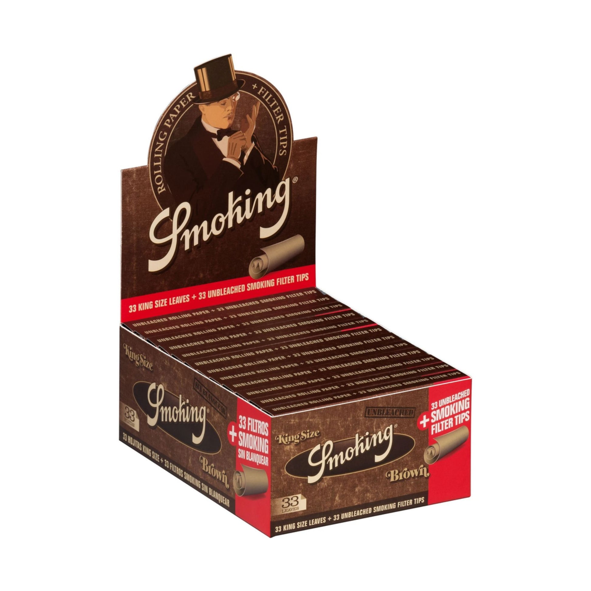 Smoking Brown King Size Rolling Paper with Tips 33 Leaves Box