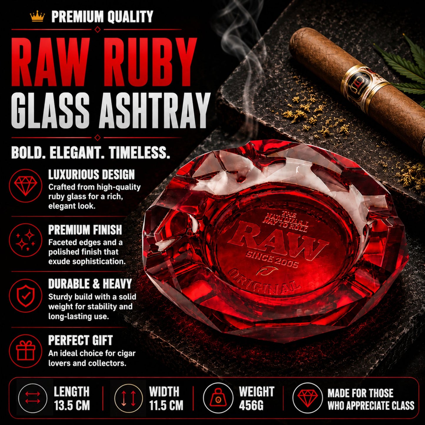 Premium Raw Glass Cigar Ashtray 